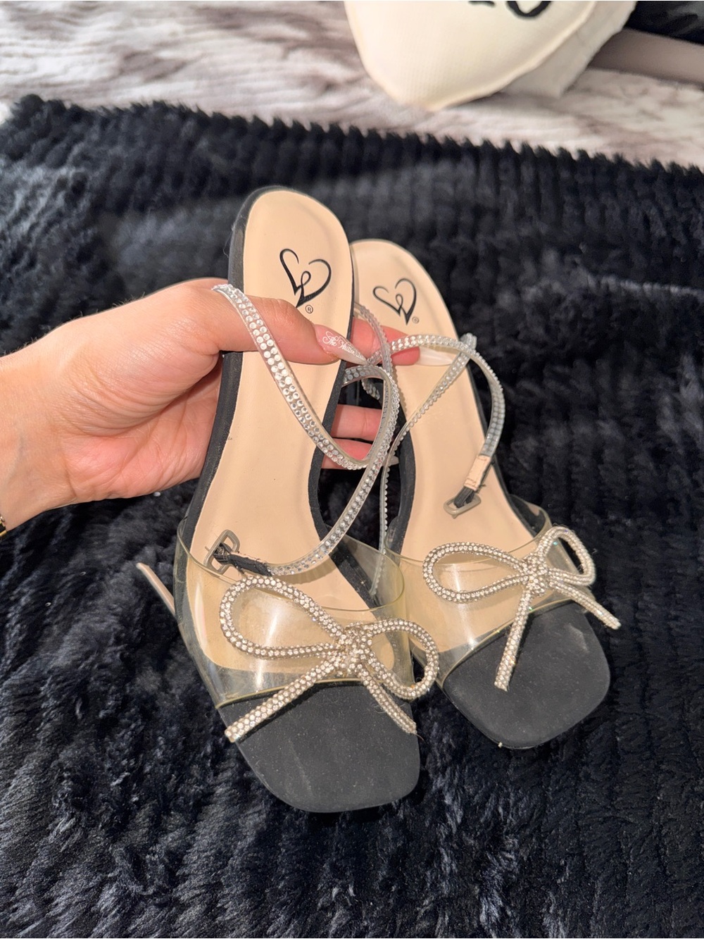 Windsor Rhinestone Bow Clear Block Heels | Black | Size 7.5